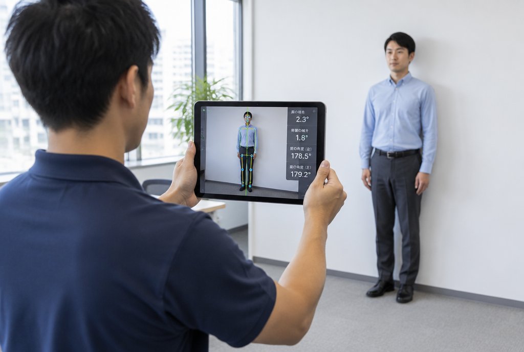 理学療法士がタブレットで姿勢と関節の角度を評価している様子
