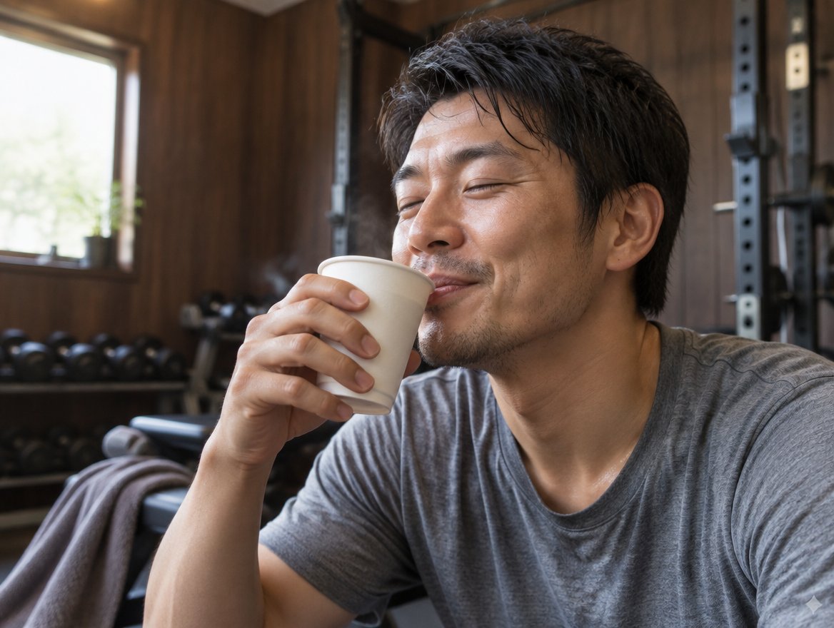 トレーニング後のコーヒーを味わう男性(イメージ)