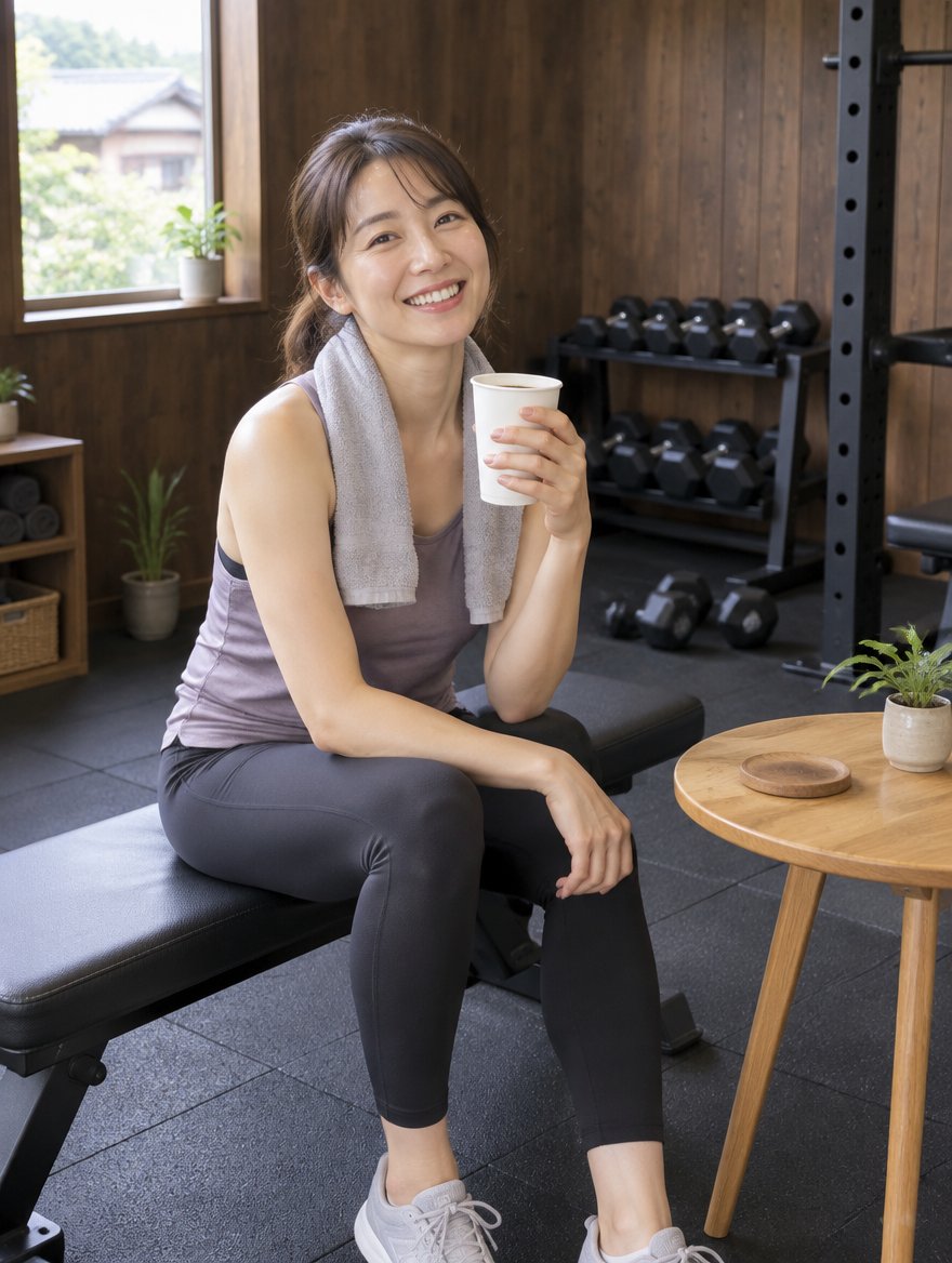 トレーニング後にコーヒーを飲んでくつろぐ女性(イメージ)