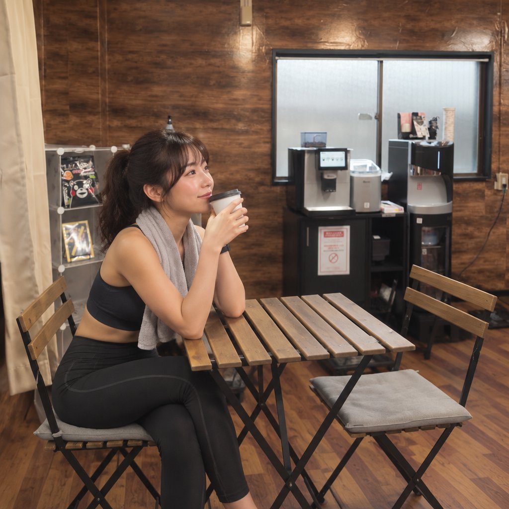 ジムのテーブルと椅子でコーヒーを飲んでくつろぐ女性(イメージ)