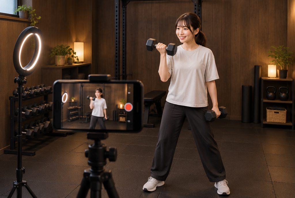 スマホで撮影しながらトレーニングする女性(イメージ)