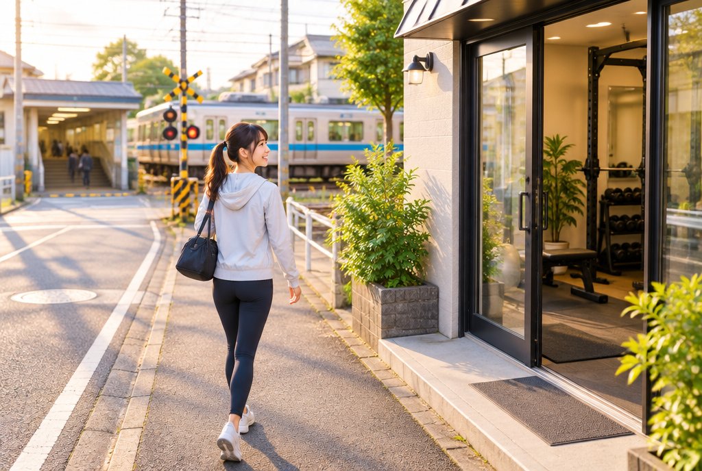 駅から歩いてジムへ向かう女性(イメージ)